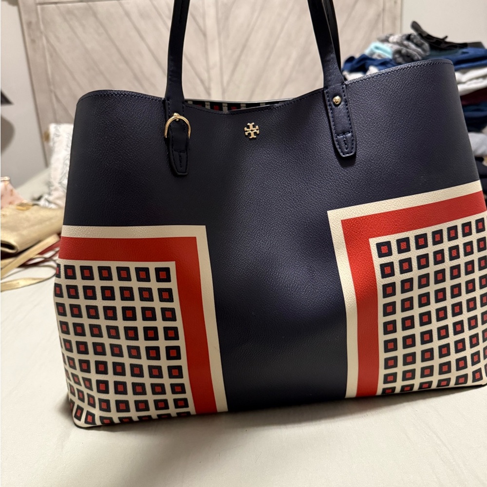 Tory Burch Geometric Navy and Red Tote